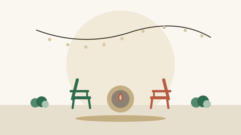 Flat illustration of a backyard with a gravel seating pad, block fire pit, string lights on posts, and a planted border