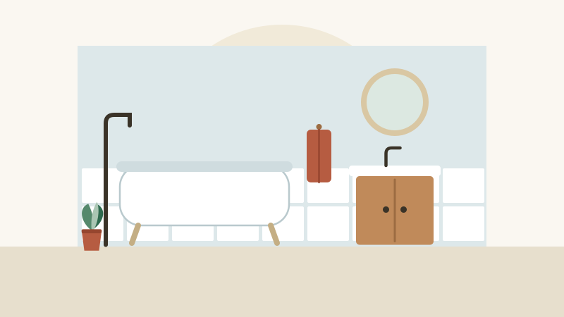 Flat illustration of a bathroom with a tiled shower, vanity, mirror, and toilet