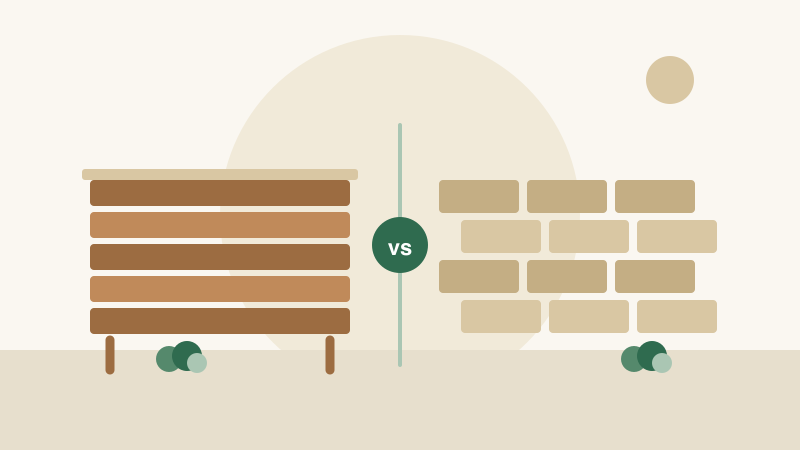 Flat illustration of a backyard split between a raised wood deck and a paver patio with a table