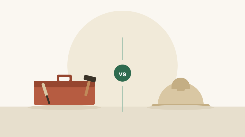 Flat illustration of a homeowner with a drill on one side and a contractor with a toolbox on the other, a house between them