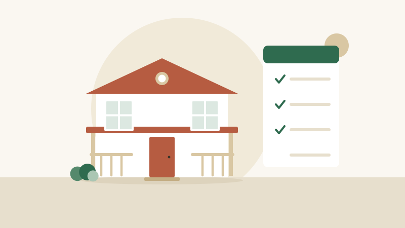 Flat illustration of a small house with a wrench, furnace filter, and piggy bank arranged around it
