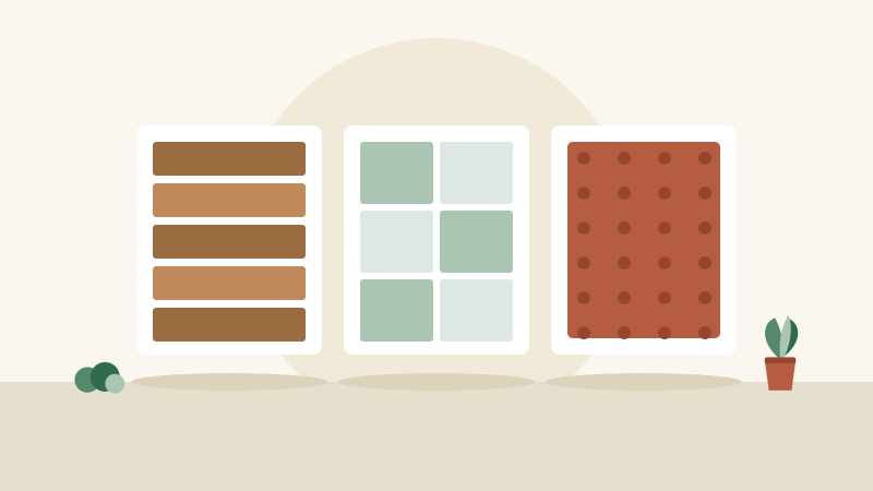 Flat illustration of five flooring swatches fanned out: wood planks, tile, vinyl, laminate, and carpet