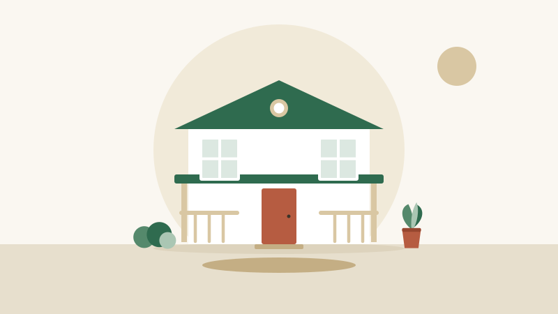 Flat illustration of a house with a covered front porch, railing, and potted plants