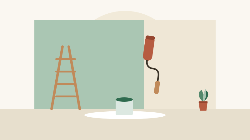Flat illustration of a room interior with a ladder, paint roller, and a freshly painted accent wall