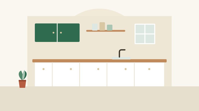 Flat illustration of a kitchen with cabinets, a range, an island, and pendant lights