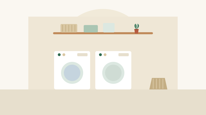 Flat illustration of a laundry closet with a wood counter over front-load machines, open shelves, and labeled sorting bins