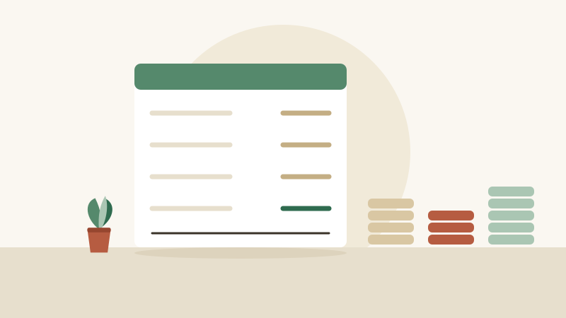 Flat illustration of a clipboard with a budget worksheet beside a house, calculator, and stacked coins