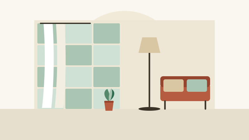 Flat illustration of a rental living room with a peel-and-stick accent wall, plug-in sconce, tension-rod curtains, and a large rug
