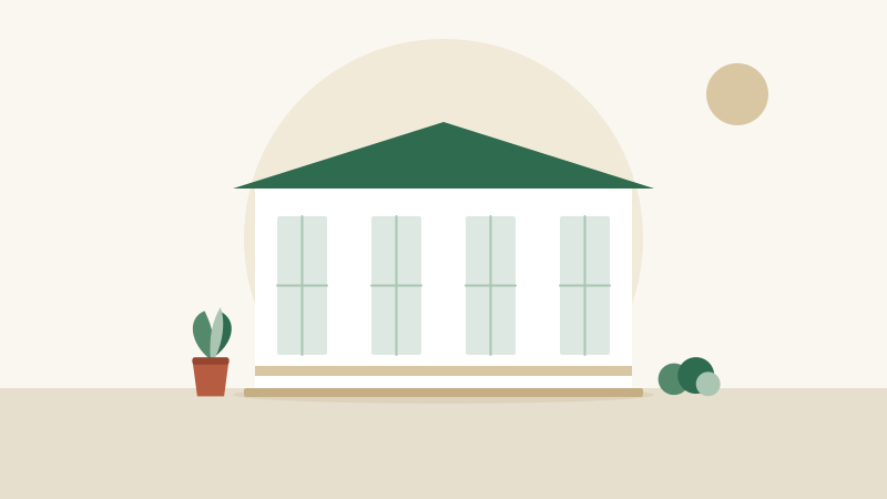 Flat illustration of a screened porch with mesh panels, a door, and two chairs inside