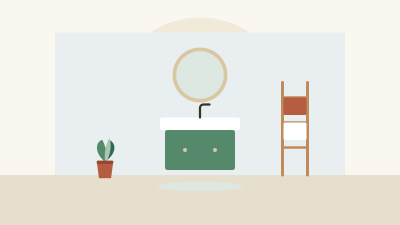 Flat illustration of a small bathroom with a framed mirror, new vanity light, fresh paint, and neatly hung towels