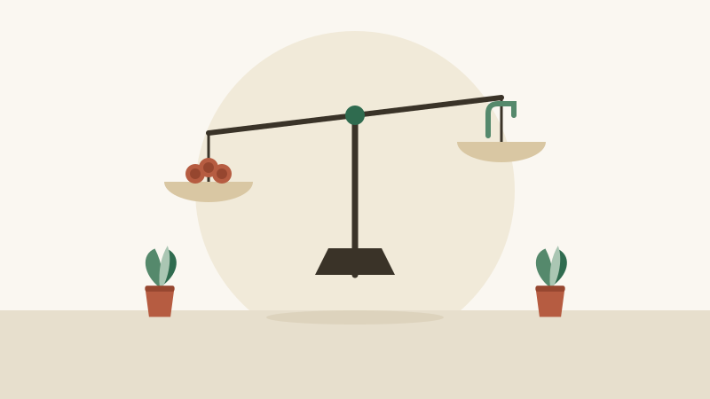 Flat illustration of a kitchen faucet and cabinet hinge weighed on a balance scale against drywall and pipes